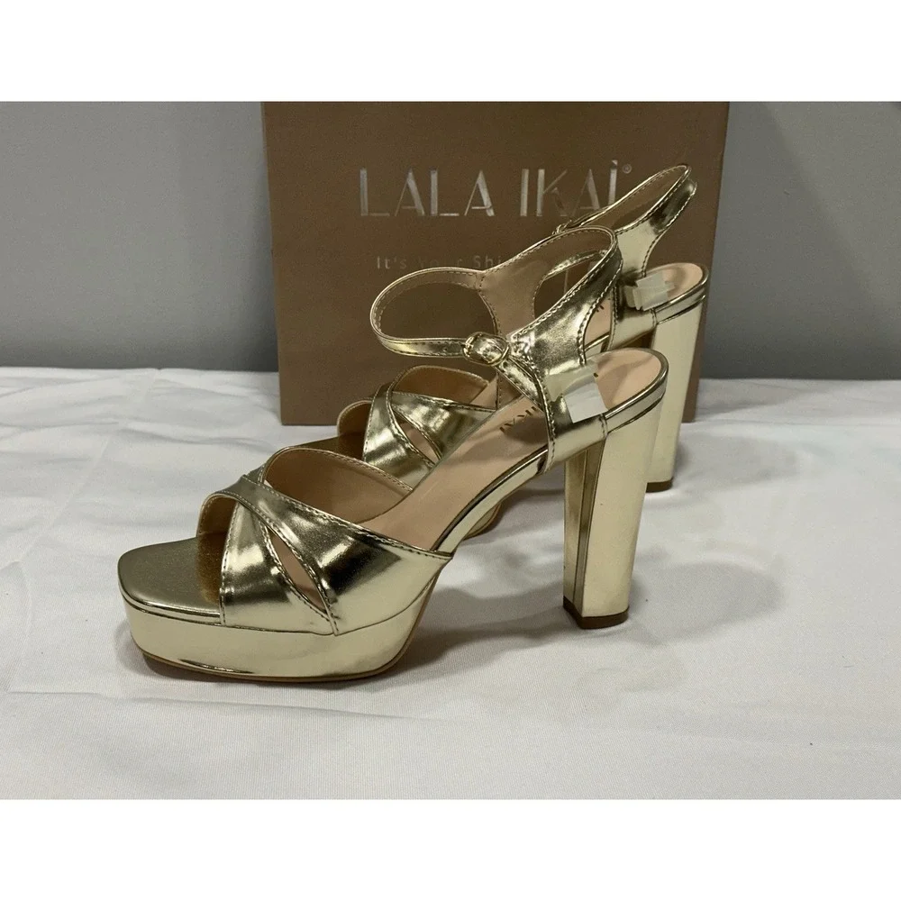 Lala Ikai Woman Metallic Gold Open Toe Platform Chunky Heels NEW Size 37.5 (7.5) - Picture 6 of 9